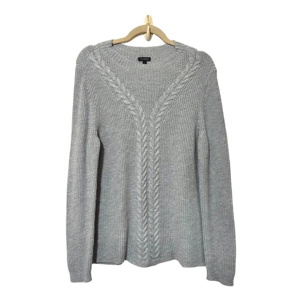 Talbots Women's Pullover Cable Knit Sweater L Gray Long Sleeve Lamb's Wool Blend